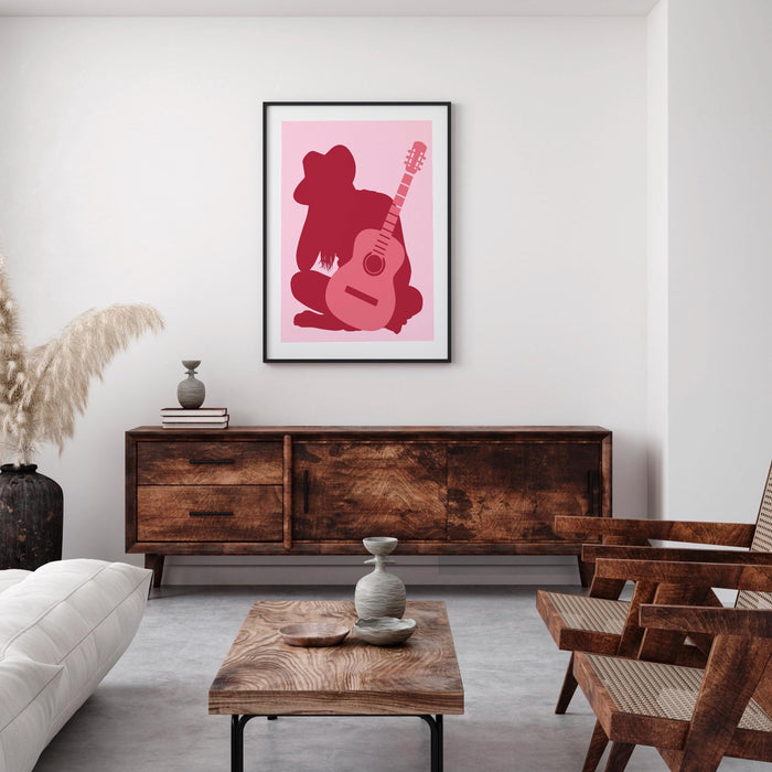 Preppy cowgirl print, pink cowgirl hat boots retro style poster, cowgirl with guitar, preppy wall print, printable wall art, cute dorm decor