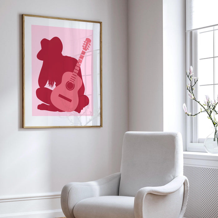 Preppy cowgirl print, pink cowgirl hat boots retro style poster, cowgirl with guitar, preppy wall print, printable wall art, cute dorm decor
