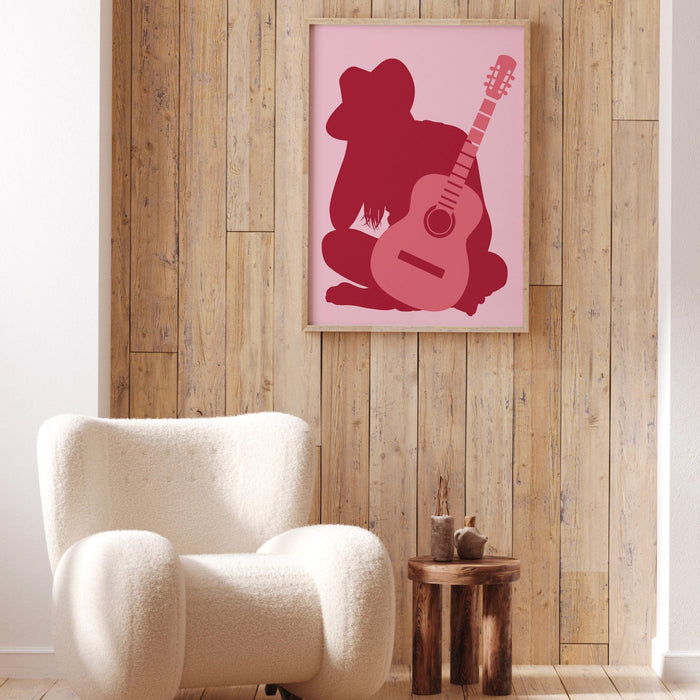 Preppy cowgirl print, pink cowgirl hat boots retro style poster, cowgirl with guitar, preppy wall print, printable wall art, cute dorm decor