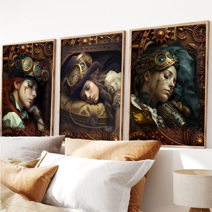 Steampunk girl wall art, steampunk decor, vintage wall art set of 3, steampunk print poster, above bed wall art, steampunk digital download