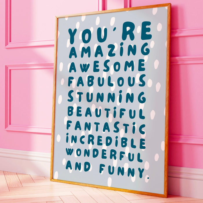 You are amazing blue poster, funky 70s positivity wall art, digital artwork,printable, girly dorm room art trendy retro digital download