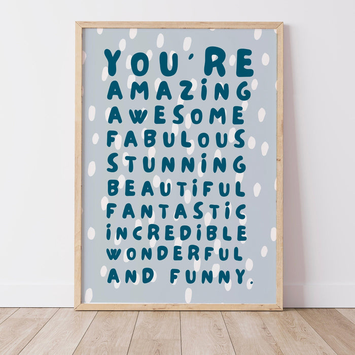 You are amazing blue poster, funky 70s positivity wall art, digital artwork,printable, girly dorm room art trendy retro digital download