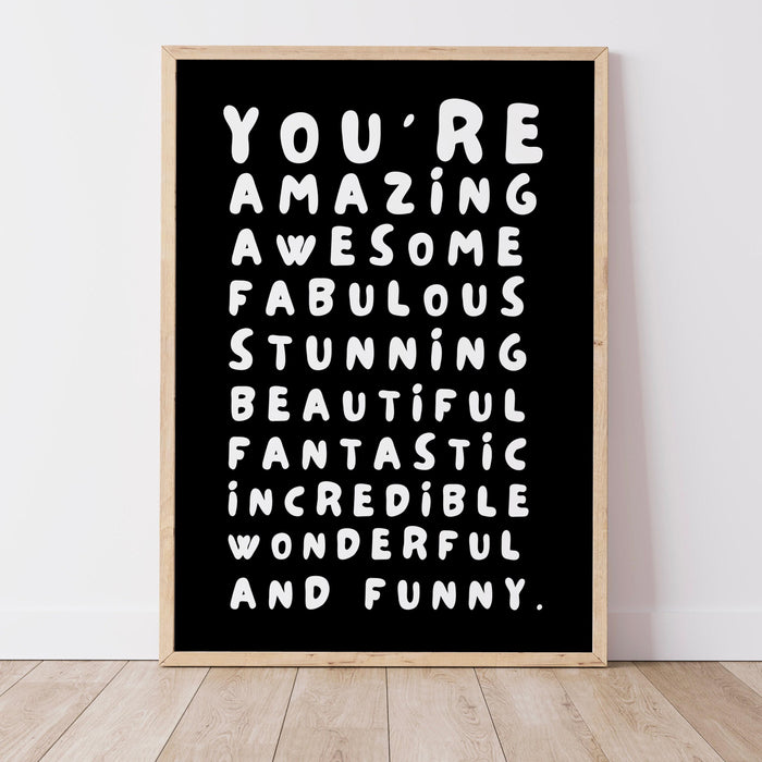 You are amazing blue poster, funky 70s positivity wall art, digital artwork,printable, girly dorm room art trendy retro digital download