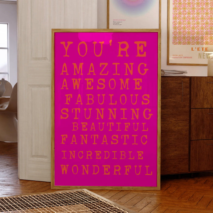 You are amazing pink orange poster, funky 70s pink wall art, digital artwork,printable, girly dorm room art trendy retro digital download
