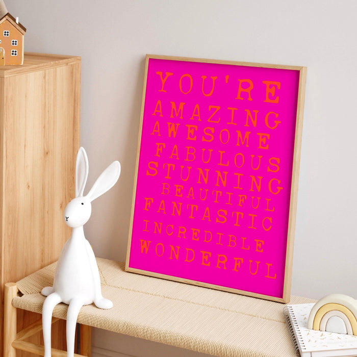 You are amazing pink orange poster, funky 70s pink wall art, digital artwork,printable, girly dorm room art trendy retro digital download