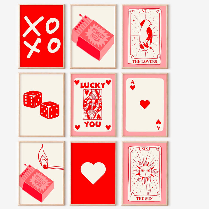 Trendy retro wall art set of 9, modern aesthetic print, lucky you poster, red cream print, trendy wall art funny dorm art minimalist digital