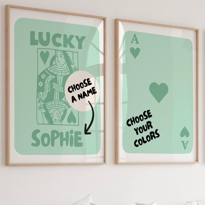 Trendy retro wall art set of 2, personalized, lucky you custom poster aesthetic print dorm decor ace hearts gift for friend digital download