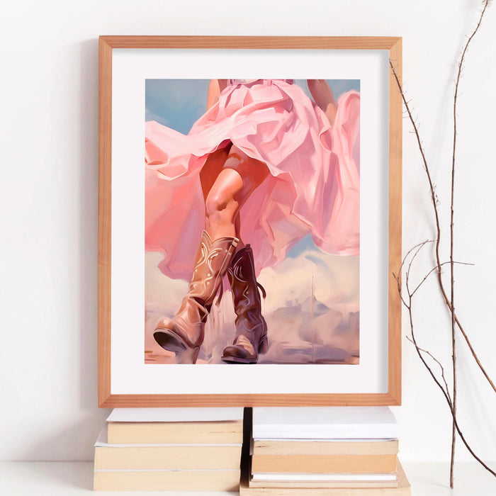 Trendy retro wall art cowgirl boots printable, pink painting, western, southern girl dorm room wall art, boho girly decor digital download