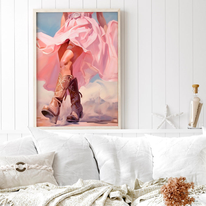 Trendy retro wall art cowgirl boots printable, pink painting, western, southern girl dorm room wall art, boho girly decor digital download