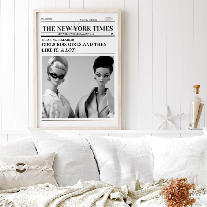 Trendy retro newspapers print, girls kiss poster, vintage wall art, new york times, preppy, dorm decor, bar cart wall art, black and white