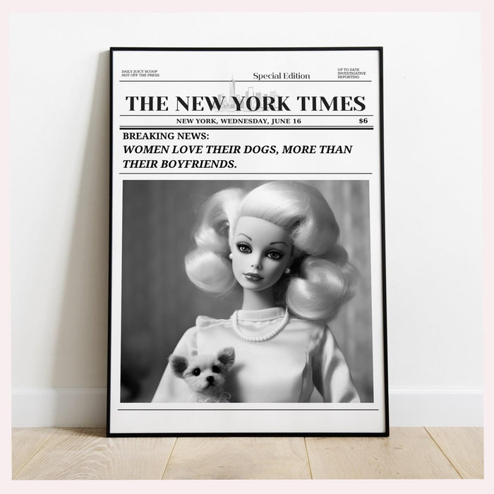 Trendy newspaper print, dog lover gift, doll lover vintage wall decor, girly wall art, preppy, bar cart wall art. retro funny printable