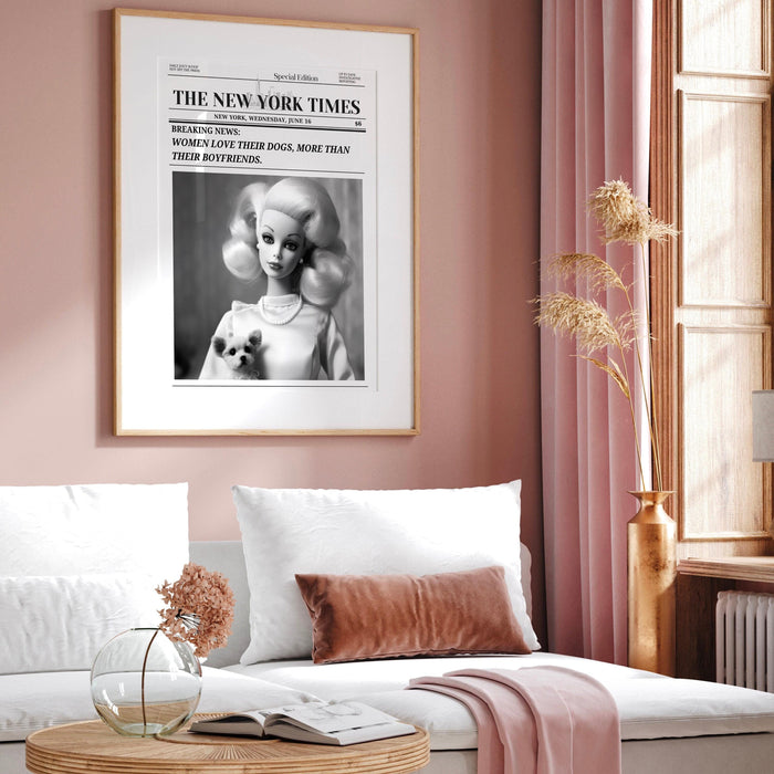 Trendy newspaper print, dog lover gift, doll lover vintage wall decor, girly wall art, preppy, bar cart wall art. retro funny printable