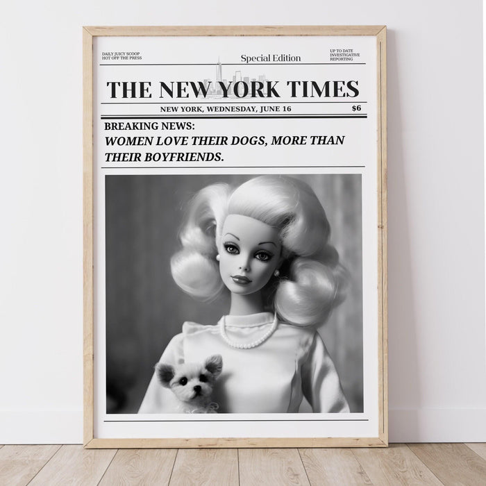 Trendy newspaper print, dog lover gift, doll lover vintage wall decor, girly wall art, preppy, bar cart wall art. retro funny printable