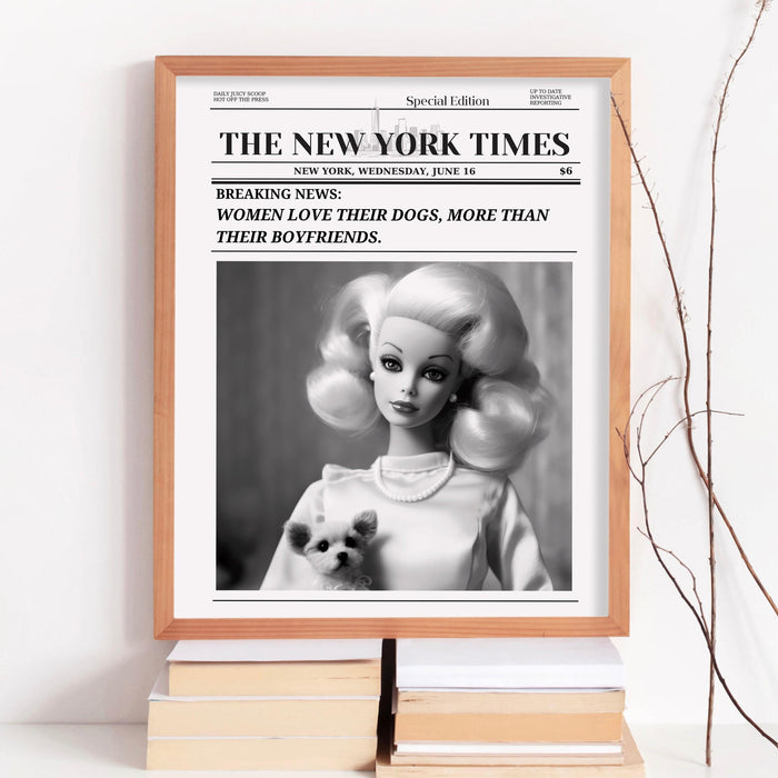 Trendy newspaper print, dog lover gift, doll lover vintage wall decor, girly wall art, preppy, bar cart wall art. retro funny printable