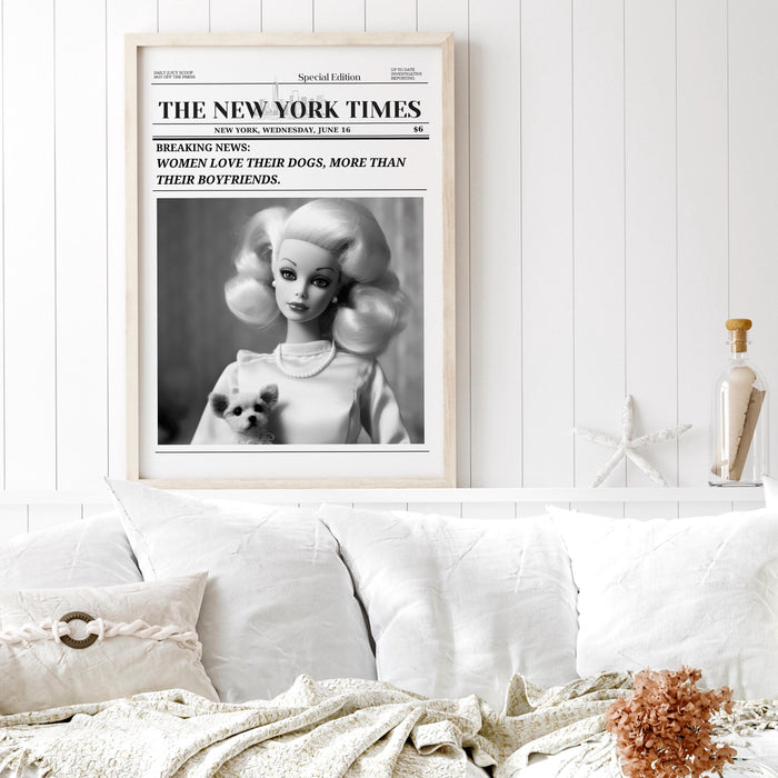 Trendy newspaper print, dog lover gift, doll lover vintage wall decor, girly wall art, preppy, bar cart wall art. retro funny printable