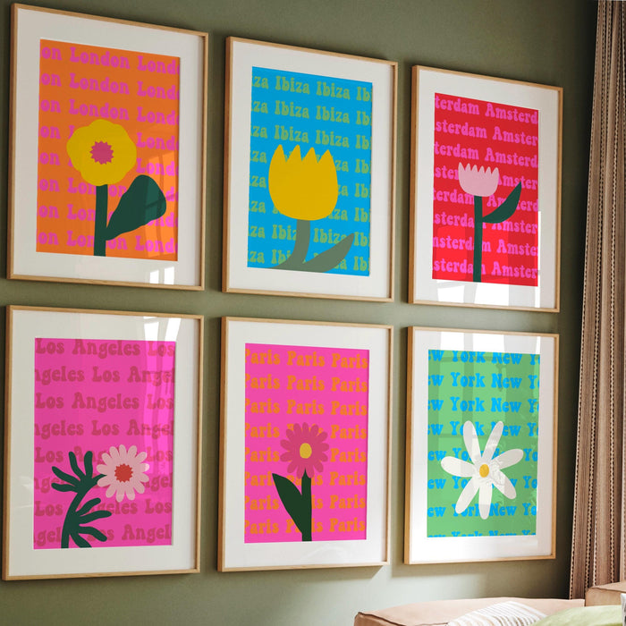 Travel print set of 6, gallery wall set, printable wall art, colorful travel poster, pink orange wall art, orange pink wall decor, printable