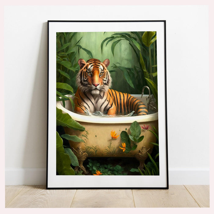 Tiger in bath bathroom art print, maximalist animal in bathtub jungle wall art, funny bathroom printable, eclectic boho bathroom home decor