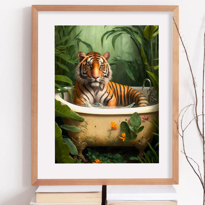 Tiger in bath bathroom art print, maximalist animal in bathtub jungle wall art, funny bathroom printable, eclectic boho bathroom home decor