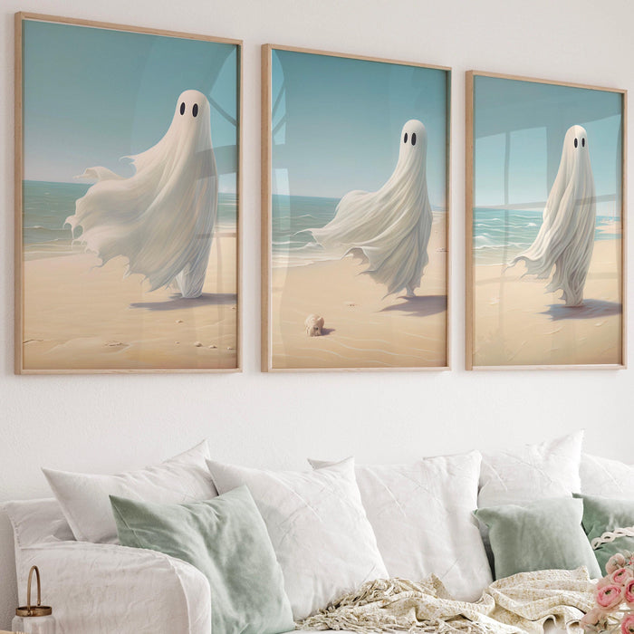 Soft girly halloween coastal art gallery set of 6, cute beach ghost halloween printable, retro fall, fall printable, landscape digital