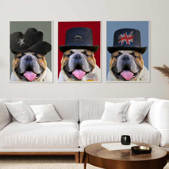 Set of 3 bulldog prints,pet portrait, preppy room decor, trendy poster, bulldog wall art, funny dog, gift for teenage boy, kitchen bar decor