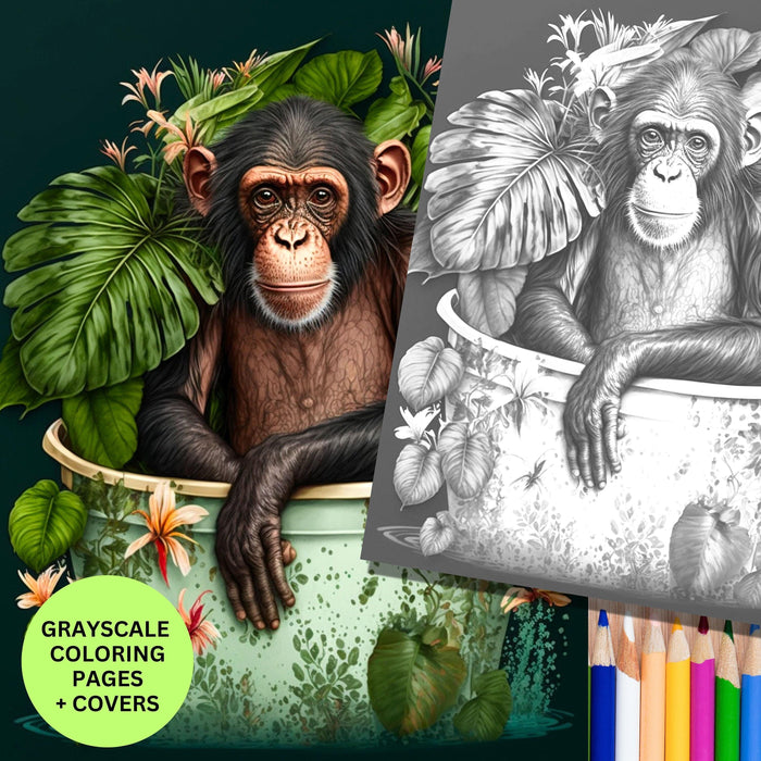 Safari animal coloring page, funny monkey printable adult coloring page kid coloring digital download grayscale coloring instant download