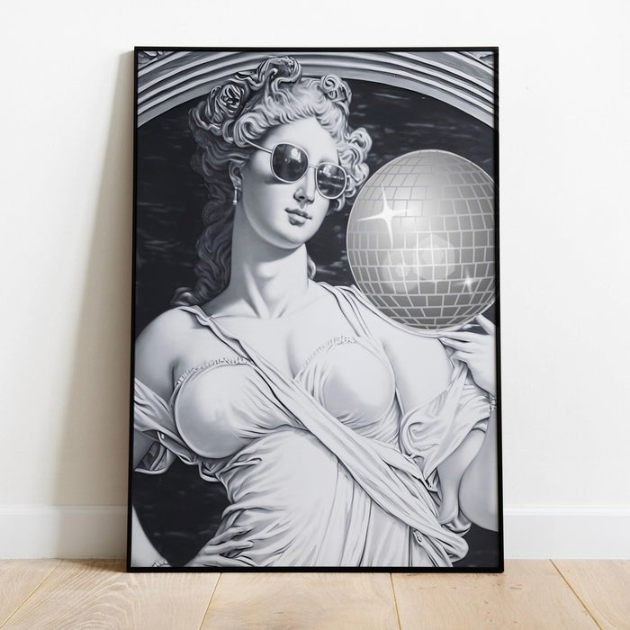 Retro trendy disco ball poster, greek goddess funky disco 70s wall art print digital artwork, mirrorball printable girly dorm room artt