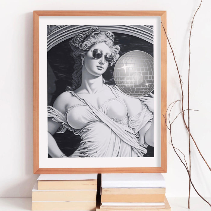 Retro trendy disco ball poster, greek goddess funky disco 70s wall art print digital artwork, mirrorball printable girly dorm room artt