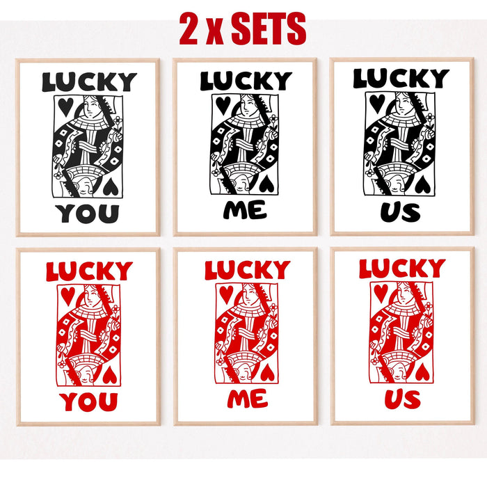 Retro trendy aesthetic wall art, digital download, wall decor, large printable art, queen of hearts, lucky you, set of 6, lucky you me us