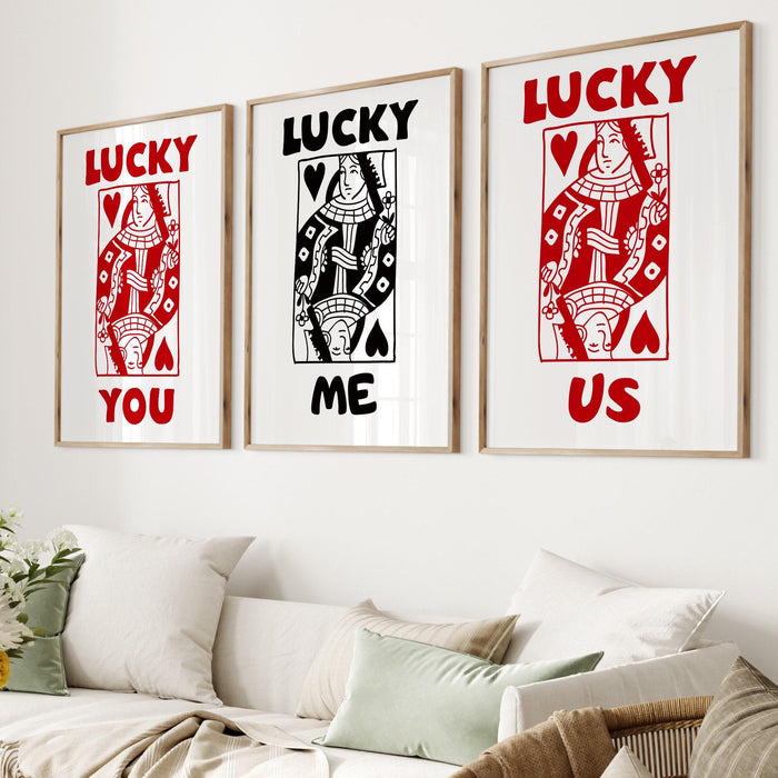 Retro trendy aesthetic wall art, digital download, wall decor, large printable art, queen of hearts, lucky you, set of 6, lucky you me us