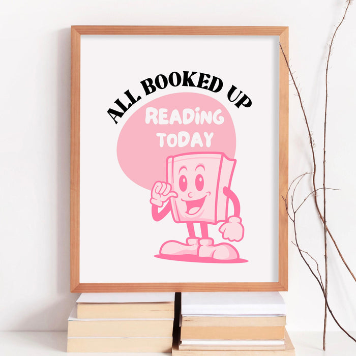 Reading poster-classroom wall decor-digital download-wall print-all booked up-trendy retro art-70s art print-retro character
