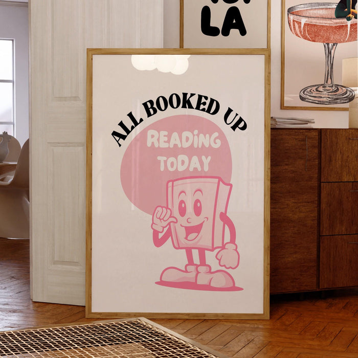 Reading poster-classroom wall decor-digital download-wall print-all booked up-trendy retro art-70s art print-retro character