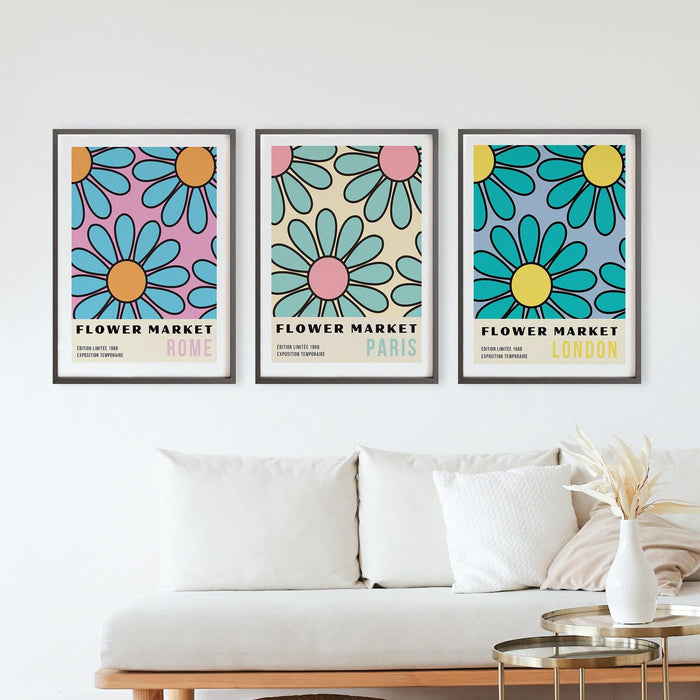 Printable set of 3 prints, flower market prints, 70's wall art, trendy, retro print, set of three wall art, gallery wall bundle,