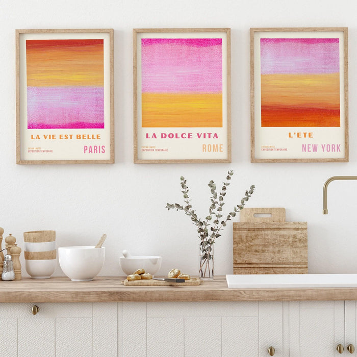 Pink wall art, abstract poster, 70s style poster, 60s flower print, orange pink decor, dork room wall art, printable set of 3, aesthetic art