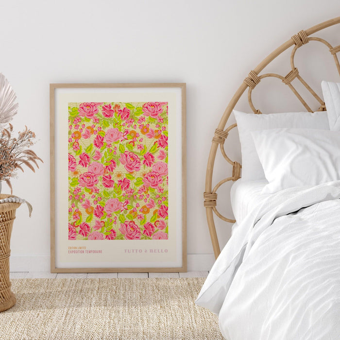Pink roses print, flower market digital download, 70s style poster, 60s flower print, pink orange decor, pink green wall art, printable art