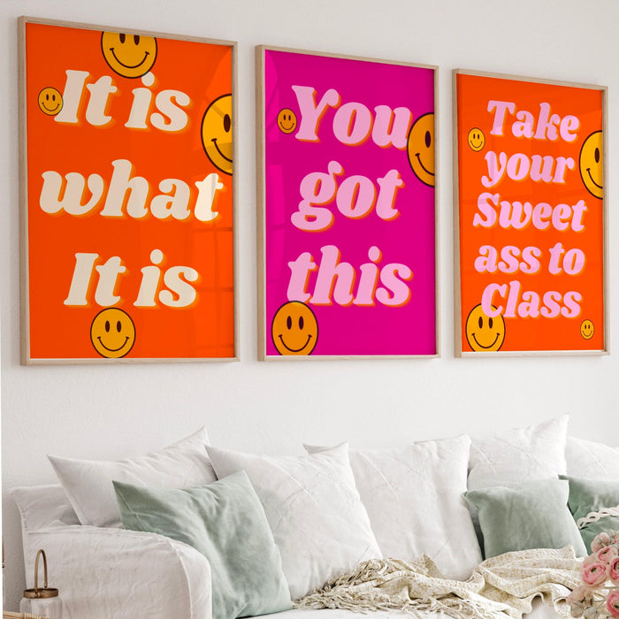 Pink preppy wall art pack of 3,digital print, preppy art, preppy poster print, preppy room decor, college room decor, pink and orange wall
