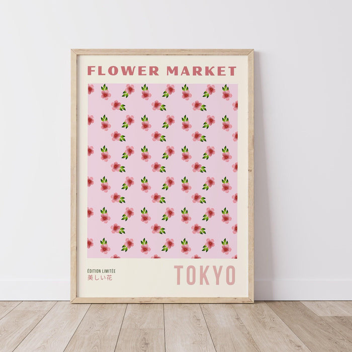 Pink orange print, flower market digital download print, 70s style poster, floral pink decor, printable art, pink wall art, japanese print,