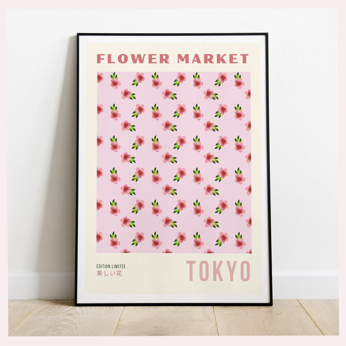 Pink orange print, flower market digital download print, 70s style poster, floral pink decor, printable art, pink wall art, japanese print,