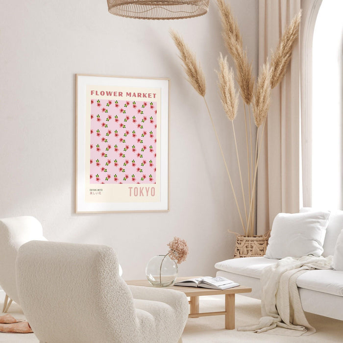 Pink orange print, flower market digital download print, 70s style poster, floral pink decor, printable art, pink wall art, japanese print,