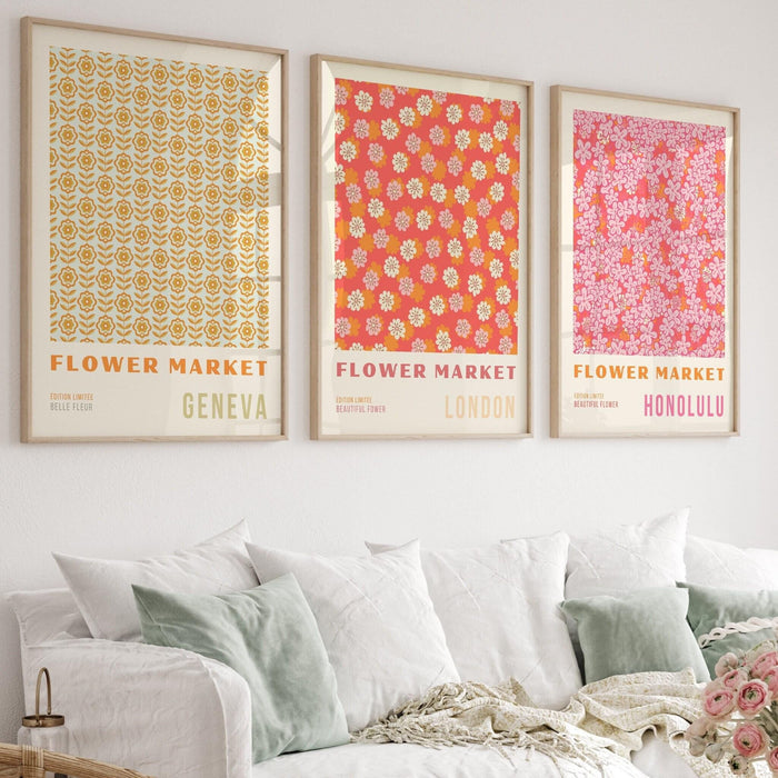 Pink orange flower market digital download, 70s style poster, 60s flower print, orange pink decor, dork room wall art, printable set of 9