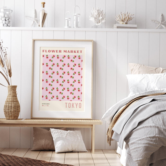 Pink orange print, flower market digital download print, 70s style poster, floral pink decor, printable art, pink wall art, japanese print,