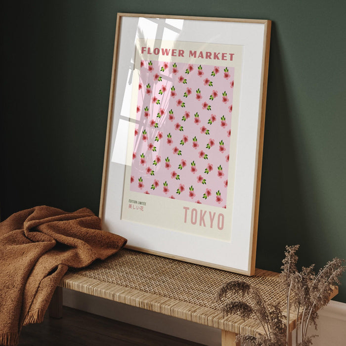 Pink orange print, flower market digital download print, 70s style poster, floral pink decor, printable art, pink wall art, japanese print,