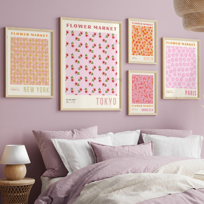 Pink orange flower market digital download, 70s style poster, 60s flower print, orange pink decor, dork room wall art, printable set of 9