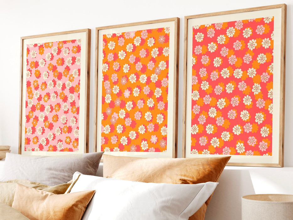 Pink orange flower market digital download, 70s style poster, 60s flower print, orange pink decor, dorm room wall art, printable set of 3