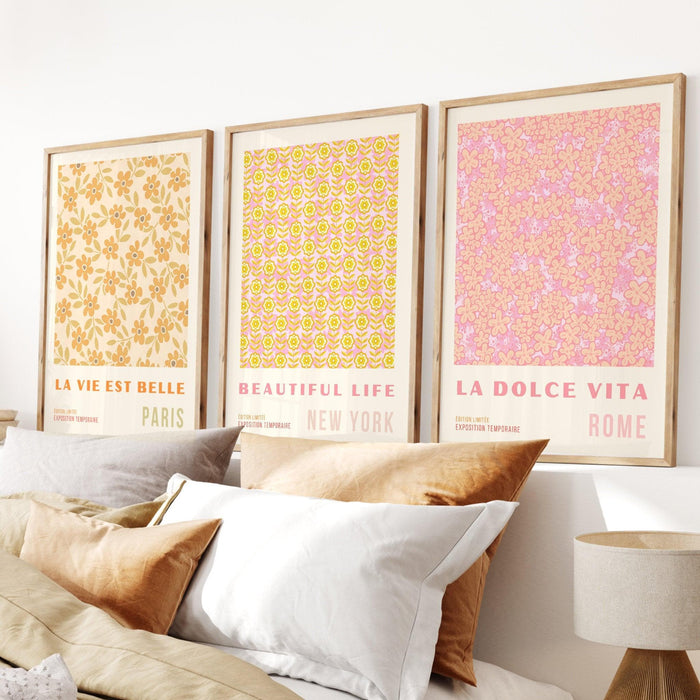 Pink orange flower market digital download, 70s style poster, 60s flower print, orange pink decor, flower wall art, printable set of 3