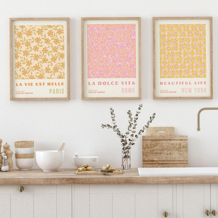 Pink orange flower market digital download, 70s style poster, 60s flower print, orange pink decor, flower wall art, printable set of 3