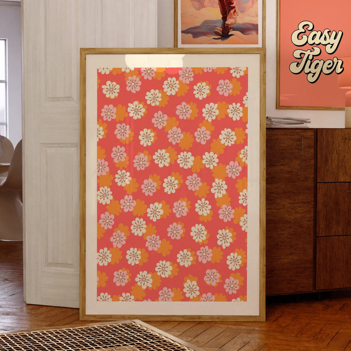 Pink orange flower market digital download, 70s style poster, 60s flower print, orange pink decor, dorm room wall art, printable set of 3