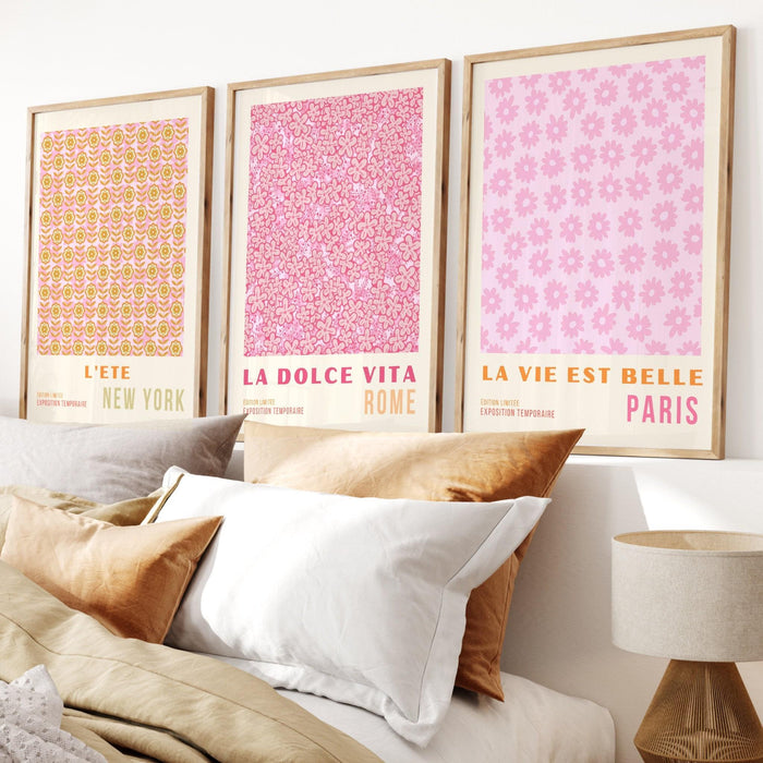 Pink orange flower market digital download, 70s style poster, 60s flower print, orange pink decor, dork room wall art, printable set of 3