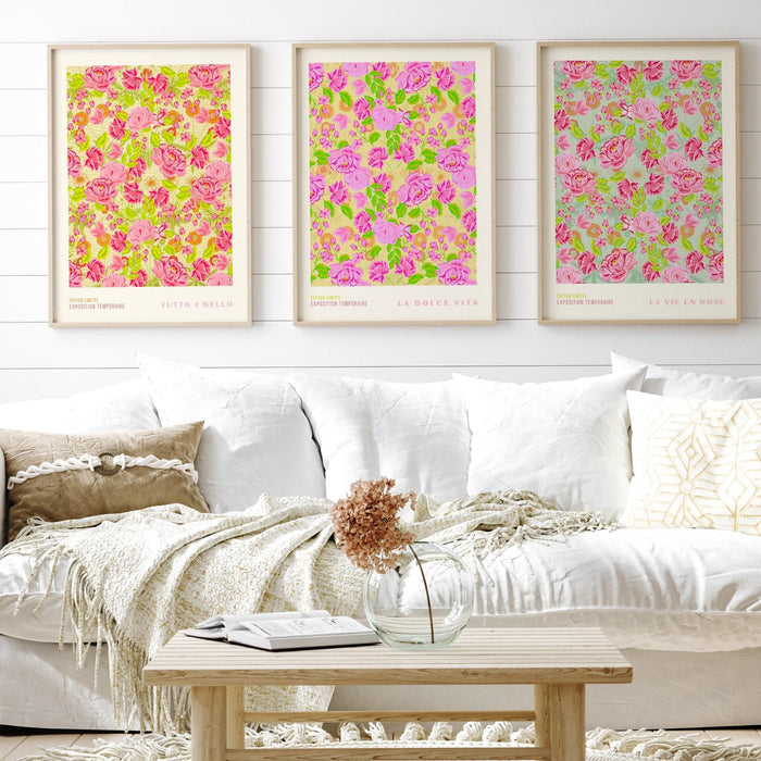 Pink green flower market digital download, 70s style poster, 60s flower print, green pink decor, dork room wall art, printable set of 3,