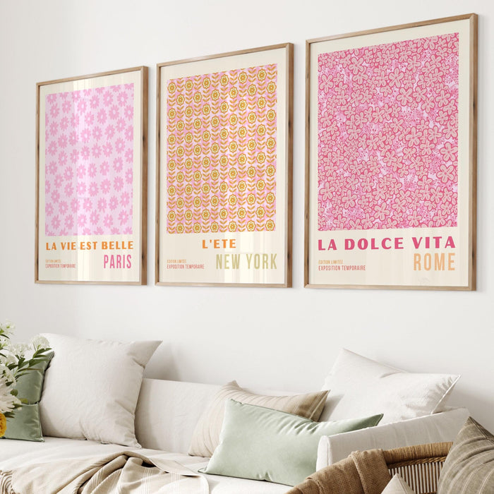 Pink orange flower market digital download, 70s style poster, 60s flower print, orange pink decor, dork room wall art, printable set of 3