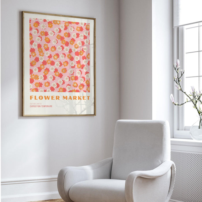 Pink flower market digital download print, 70s style poster, 60s flower print, pink orange decor, dork room wall art, printable art, dork